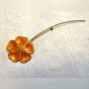 Vintage Gold-Tone Orange Enamel Flower Brooch